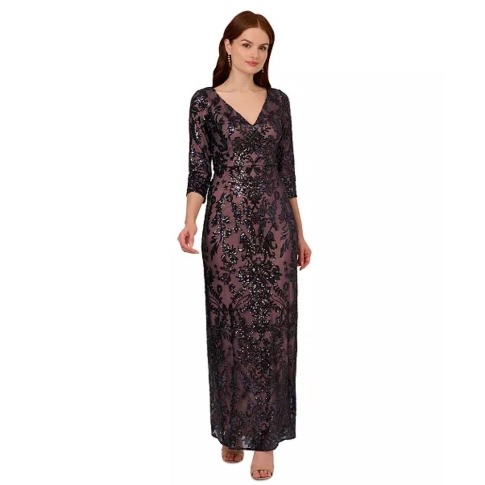 Papell Boutique Sequin V-Neck Mesh Overlay Lined Long Sheath Dress 12 Navy